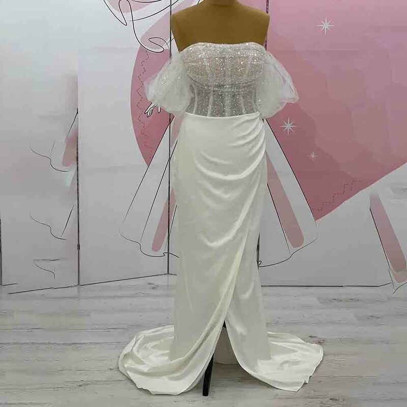 New Sparkly Sequins Pleated Off the Shoulder Satin Wedding Dress for Women Mermaid Court Bridal Prty Gown vestidos de novia