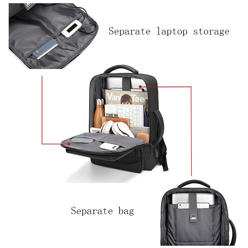 الرجال قابلة للتوسيع مقاوم للماء 15.6 بوصة محمول على الظهر USB دفتر حقيبة مدرسية الرياضة السفر حقيبة مدرسية حزمة على ظهره للذكور