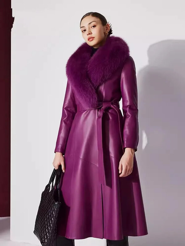 Elegant Women Winter Luxury Real Fox Fur Collar Sheepskin Long Trench Coat Warm Belt Slim Fit Genuine Leather Goose Down Jacket