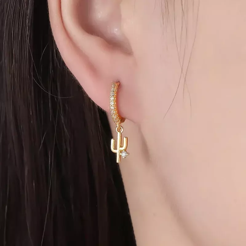 925 Sterling Silver Needle Colorful Palm Tree Plant Hoop Earrings for Women Cute Enamel Pepper Crystal Pendant Earrings Jewelry