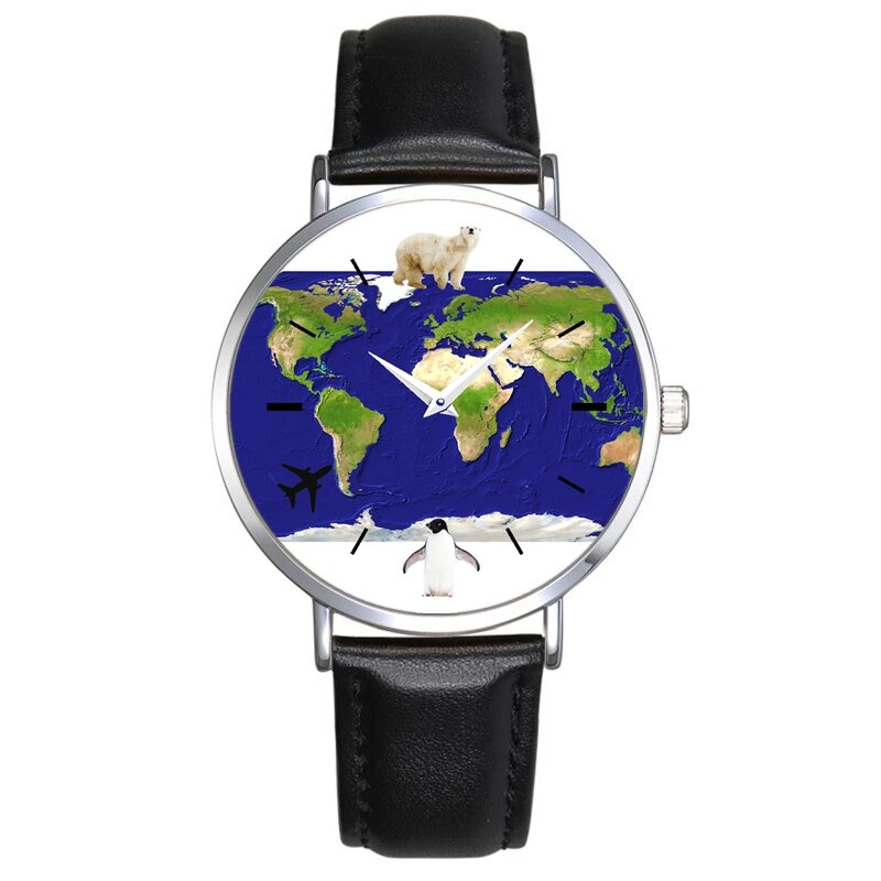 ใหม่แฟชั่น Creative World แผนที่นาฬิกาเพนกวินหมีขั้วโลกเครื่องบินเดินทางผู้หญิงนาฬิกาข้อมือนาฬิกาควอตซ์ผู้หญิง