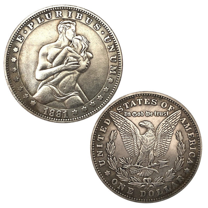 Monedas de pareja de arte 3D de lujo Liberty Angel's Kiss, moneda conmemorativa de la suerte de decisión de bolsillo divertida + bolsa de regalo