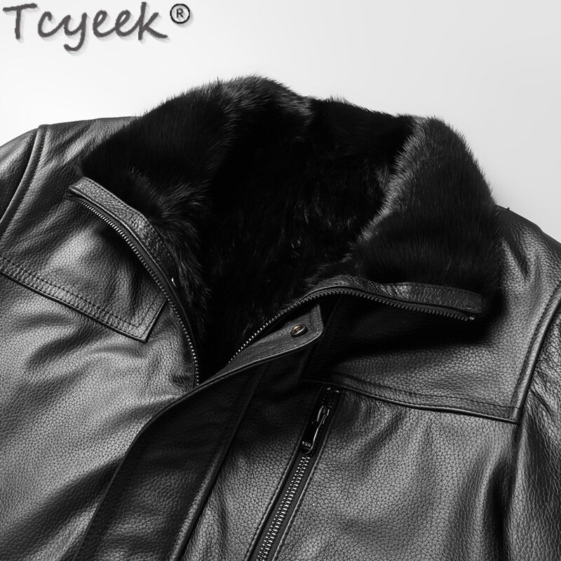 Tcyeek-Chaqueta de piel auténtica para hombre, abrigo de piel auténtica de visón grueso, longitud media, para invierno