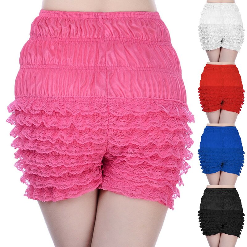 Pantalones cortos de encaje de múltiples capas para mujer, Shorts plisados de cintura alta, color sólido
