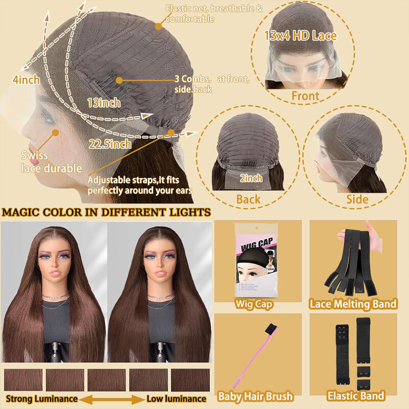 Шоколадно-коричневые прямые человеческие волосы на шнуровке, передние парики 13x4, прямые человеческие волосы на шнуровке, предварительно выщипанные человеческие волосы