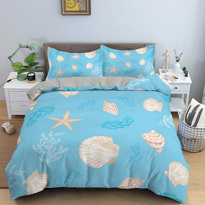 Set Seprai Kerang Bintang Laut Set Seprai Duvet Anak Set Bed Cover dengan 1/2 Set Seprai Nyaman Sarung Bantal Twin Queen