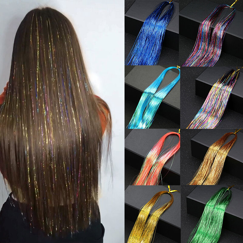 Ekstensi rambut 48 inci berkilau berkilau perada ekstensi rambut berwarna pelangi lurus mempesona sintetis Hippie wanita untuk mengepang hiasan kepala