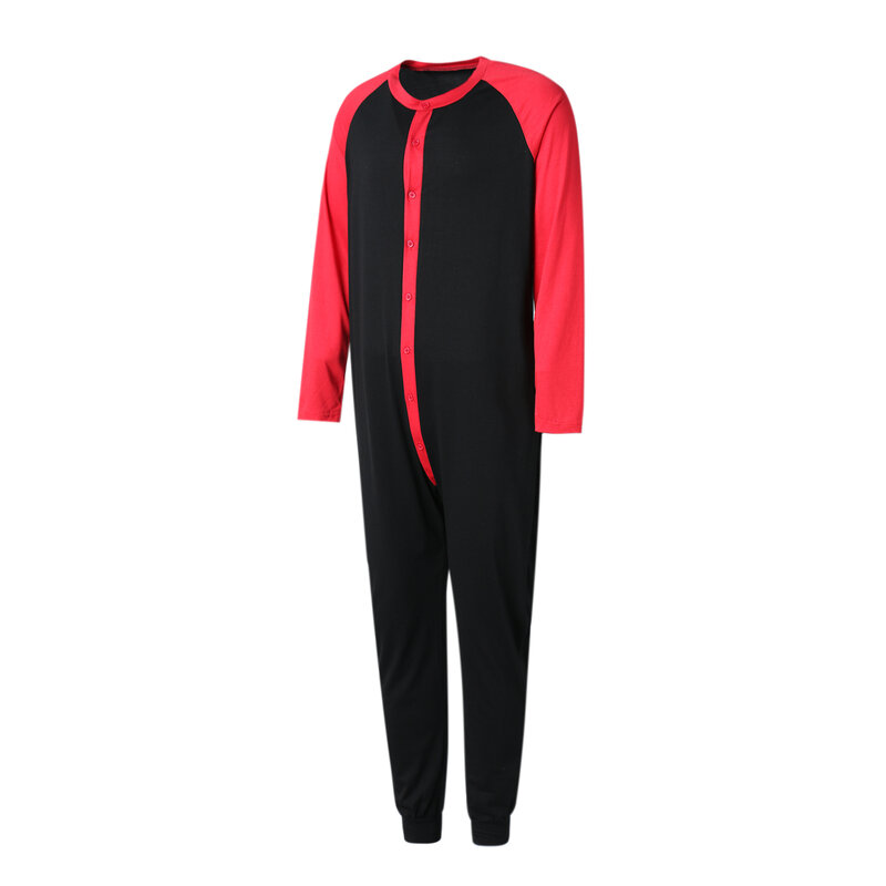 Men s Button Down  s Pajama Long Sleeve Round Neck Color Block Jumpsuit Nightwear For Adults