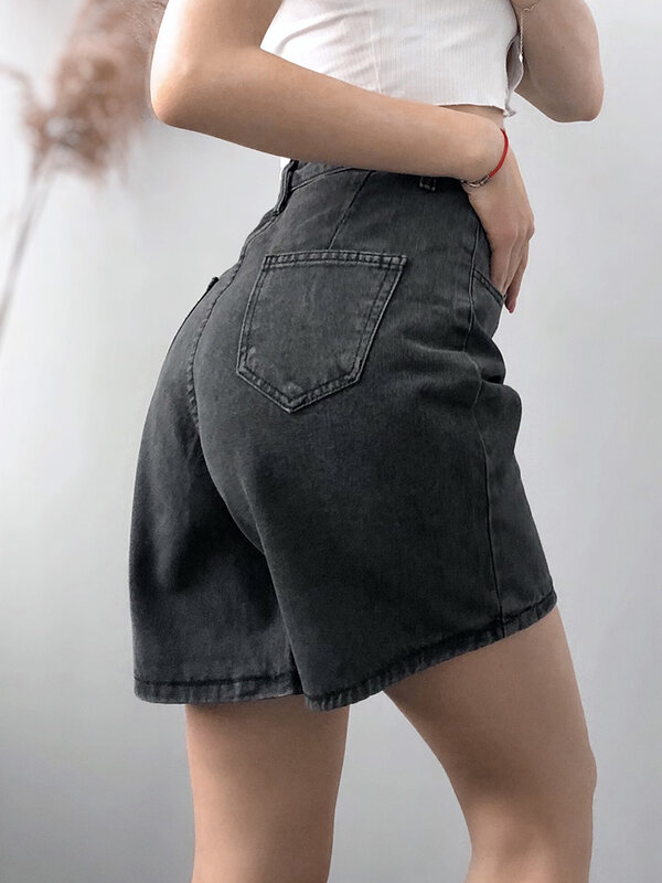 Ftlzz-novo shorts feminino de cintura alta com botão, perna, jeans, casual, solto, azul, verão
