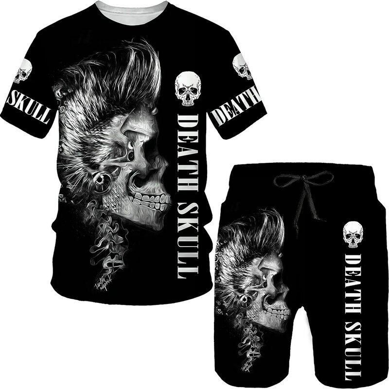 Conjunto de camiseta e shorts de esqueleto estampado 3D masculino, fatos de treino góticos, camiseta de manga curta, calças masculinas, roupas de verão
