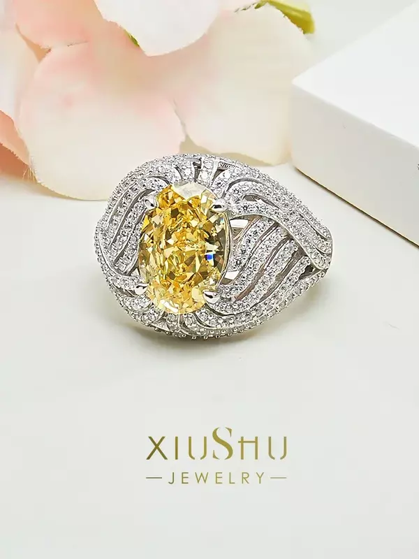 Desire Versatile Craftsmanship 925 Silver Artificial Yellow Diamond Egg Ring Set with High Carbon  Elegant Design