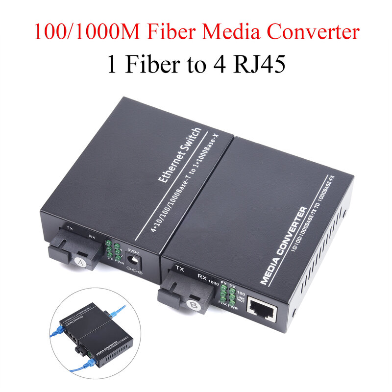 Convertisseur de XXL fibre optique Gigabit, 10 Mbps, 100 Mbps, mode unique, 1 fibre vers 4 RJ45, UPC, APC, port SC, alimentation américaine, 1 paire