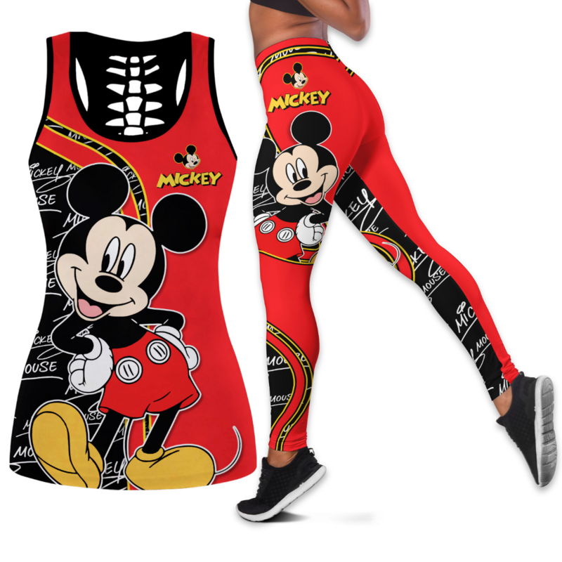 Disney-conjunto de mallas de Mickey Mouse para mujer, traje deportivo, camiseta sin mangas, Leggings de Yoga