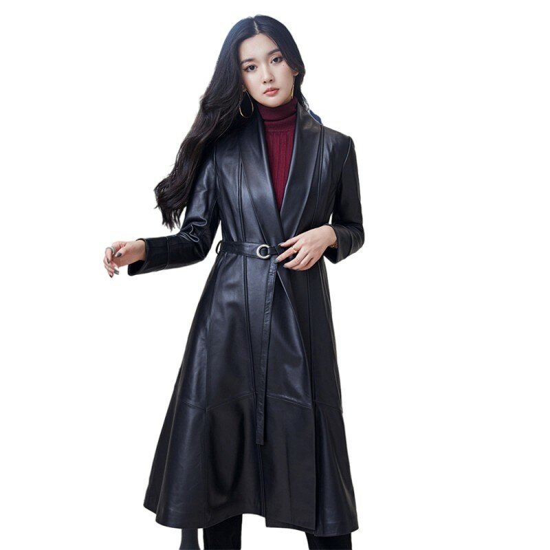 Кожаная куртка 2023, элегантная женская длинная куртка из натуральной овечьей кожи с поясом, облегающий тренчкот, Женская винтажная ветровка