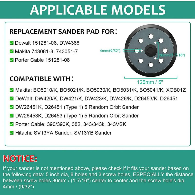 Round Hook and Loop Substituição Sander Base Pads, Backing Pad, Orbital Sander, 125mm, 8 Buraco, 2Pcs
