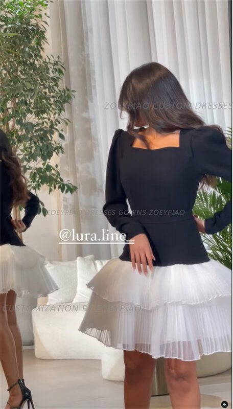 Schwarz/weiß kurz gestufte Ballkleider volle Ärmel einfache formelle Abendkleider Organza Hochzeits feier Kleid Vestidos de Gala