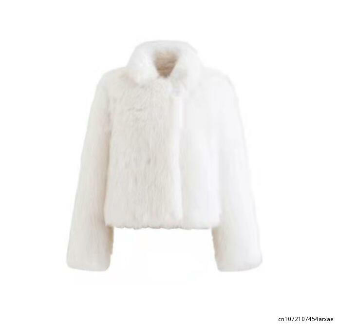 Abrigo de piel sintética para mujer, chaqueta peluda gruesa y cálida con cuello levantado, prendas de vestir de invierno