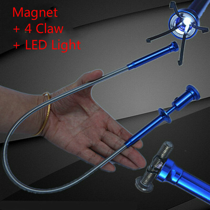 23,6 inch Flexible Pick Up Magnet 4 Klaue LED Licht Magnetische Lange Frühling picker Auto Reparatur Catcher Wc Gadget Kanalisation pickup-Tool