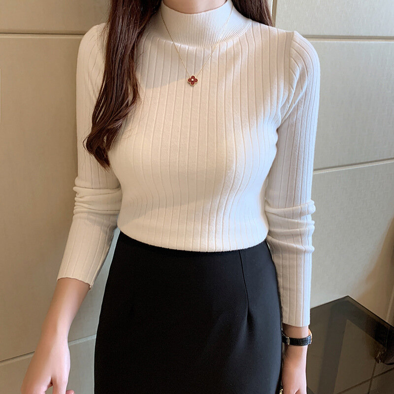 Women's Clothing Pullovers Sweaters Half high collar bottom 2023 new western short style slim fit long sleeved knit top Jumpers