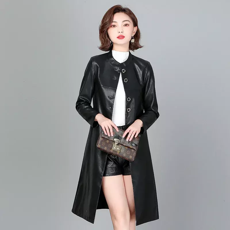 한국 여성 가죽 재킷, 중간 길이 바람막이, 싱글 브레스트, 슬림 의류, 2023 패션, 가을, 겨울