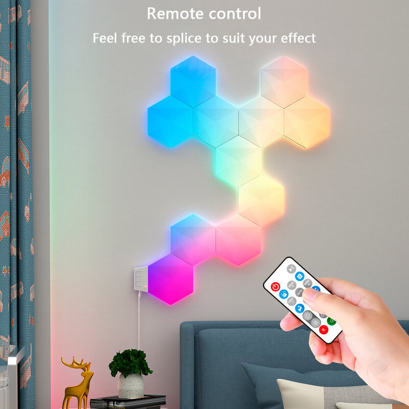 RGB Honeycomb Luzes LED para sala de jogos, luzes coloridas, atmosfera, decorativo, DIY, emenda, controle remoto, ajuste
