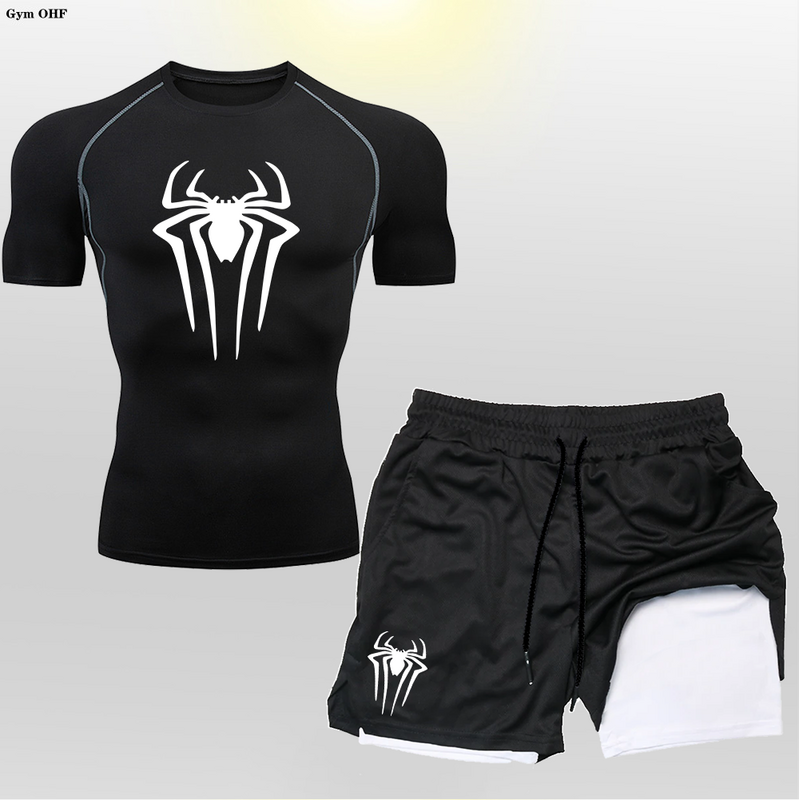 Conjunto de camiseta y pantalones cortos de Spider para hombre, ropa deportiva de compresión para correr, 2 en 1 Rashguard, pantalones cortos de doble cubierta para gimnasio, 2099