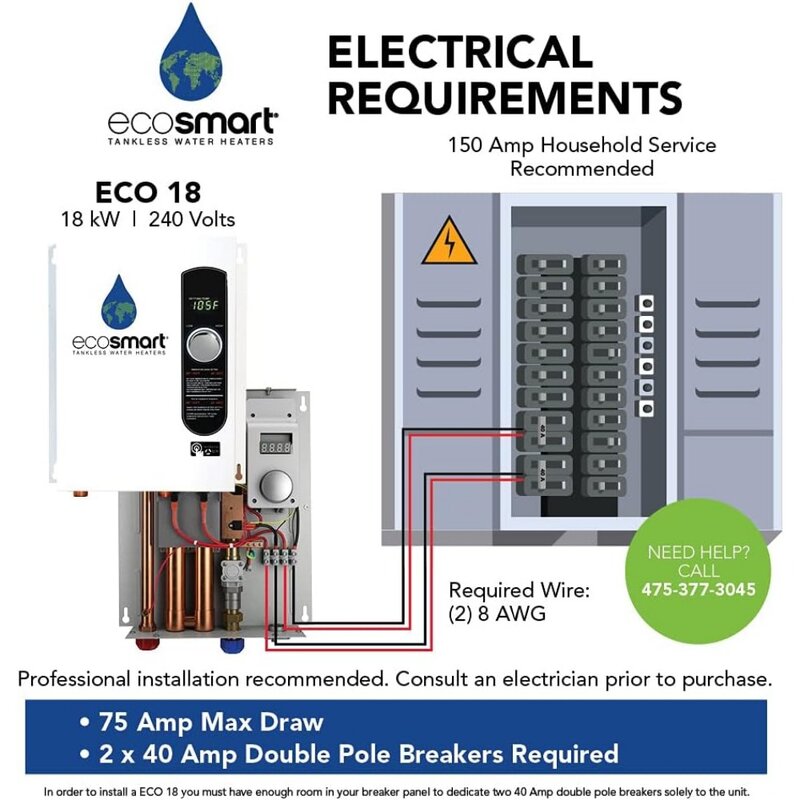 EcoSmart 전기 탱크리스 온수기, 특허받은 자체 변조 기술, ECO 18, 18 KW, 240 볼트, 17x14x3.5