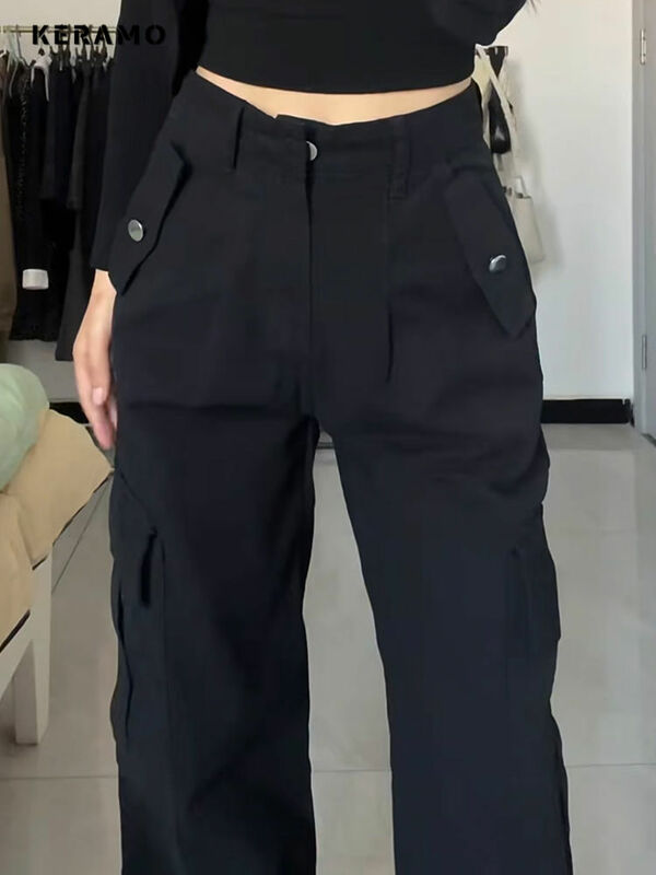 กางเกงยีนส์ขาตรงเอวสูงสไตล์อเมริกันวินเทจสำหรับผู้หญิงกางเกงลำลอง2000s ทรงหลวมขากว้างกางเกงยีนส์สีดำทึบ