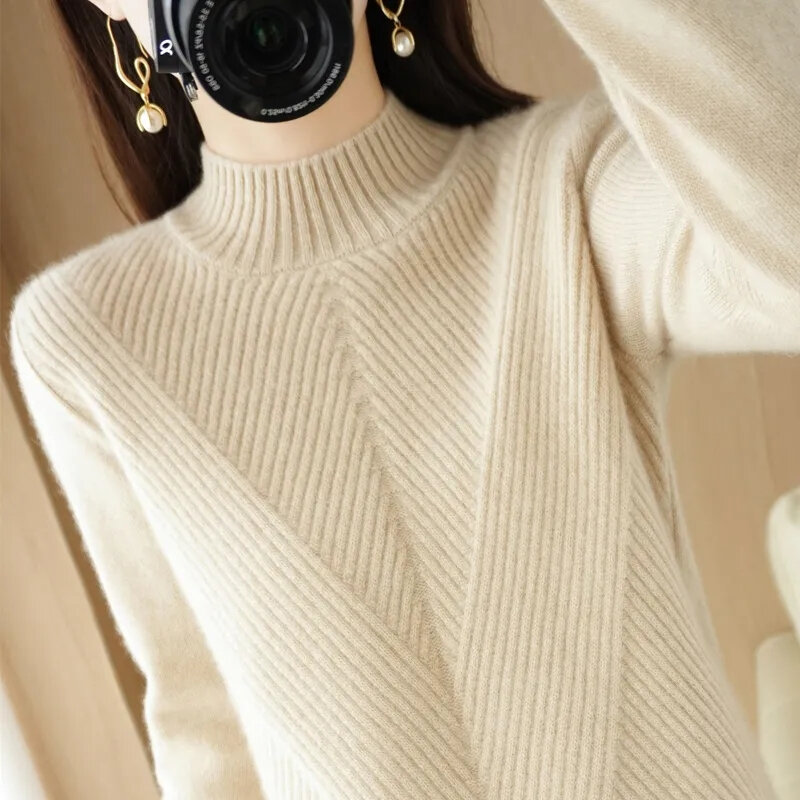 Suéter feminino solto de malha de manga comprida, macacões monocromáticos macios, pulôveres outono e inverno, 2023