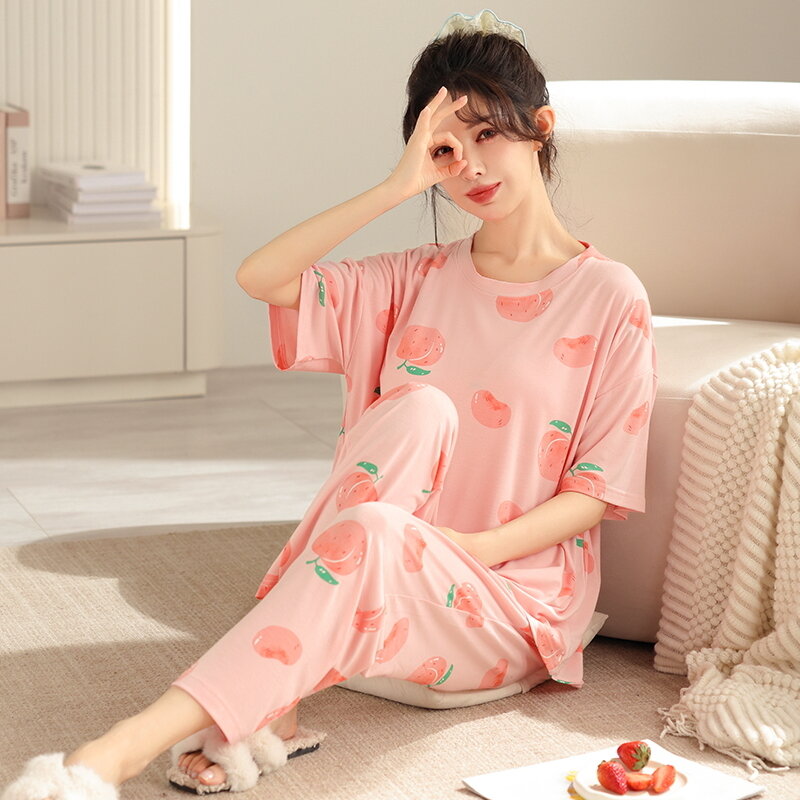 Pijama conjunto com almofadas no peito para mulheres, top de manga curta + calça, agasalho casual, estampa adorável, sleepwear, colar redondo, verão
