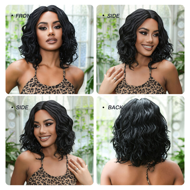 Short Wavy Lace Front Synthetic Wigs Dark Black Curly Wave Bob 13X1 Transparent Lace Wig Glueless for Brazilian Women Afro Daily