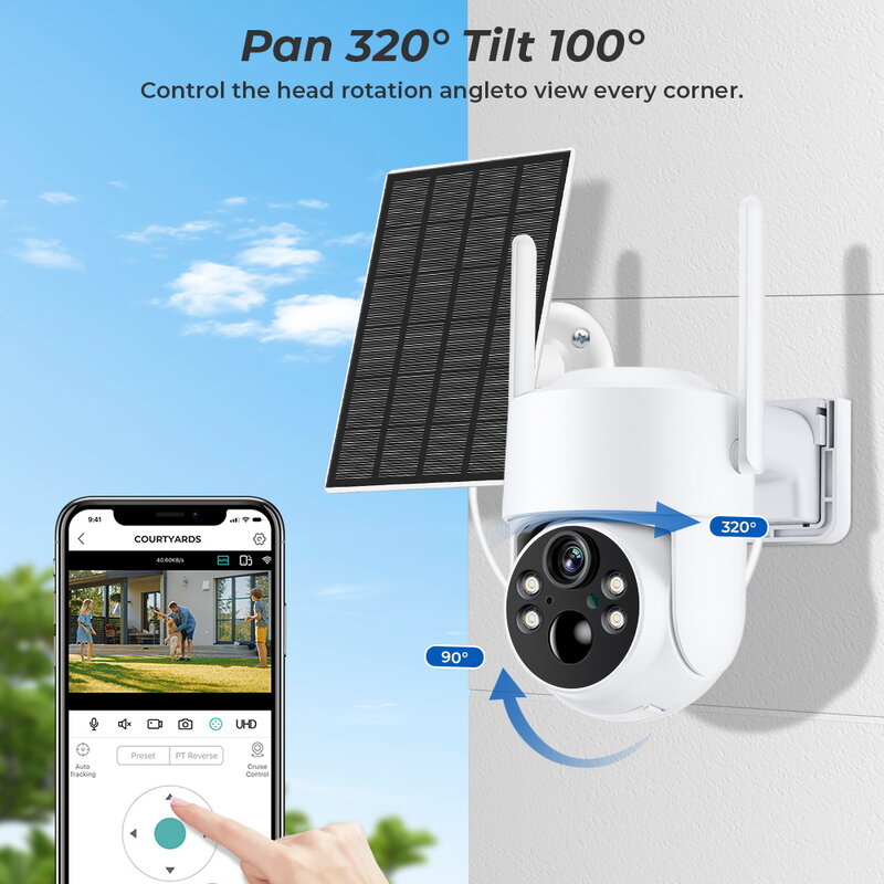 BESDER WiFi PTZ Camera Outdoor Wireless Solar IPCamera 4MP HD Built-in Battery Video Surveillance Camera Long Time Standby iCsee