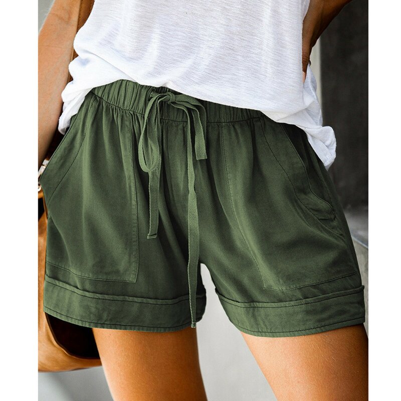 Pantalones cortos holgados de gran tamaño para mujer, pantalón de pierna recta con cordón, bolsillos de cintura elástica, Color sólido, moda de verano