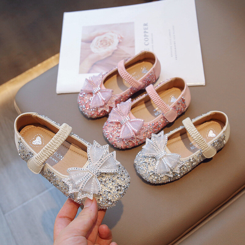 Zapatos de princesa con lazo para niña, zapatos de cuero de cristal dulce, zapatos de bebé de fondo suave, zapatos individuales de estilo occidental, primavera y otoño, nuevo, 2024