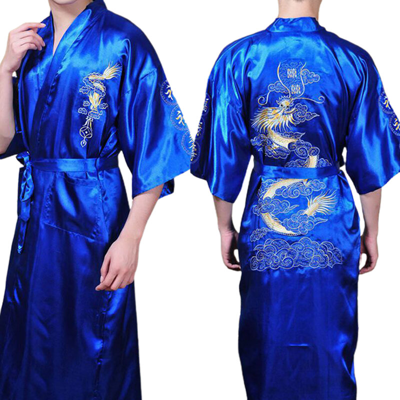 男性用中国風サテンナイトガウン、ビッグドラゴン刺繍、シルク着物、パジャマ、ルーズカジュアルバスローブ、ホームウェアファッション