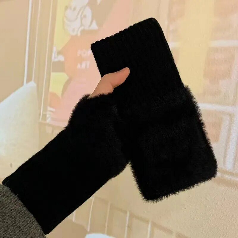 Women Furry Warm Sleeves Gloves Autumn Winter Lady Faux Rabbit Fur Fingerless Elastic Knitted Mittens Clothing Accessories 2023
