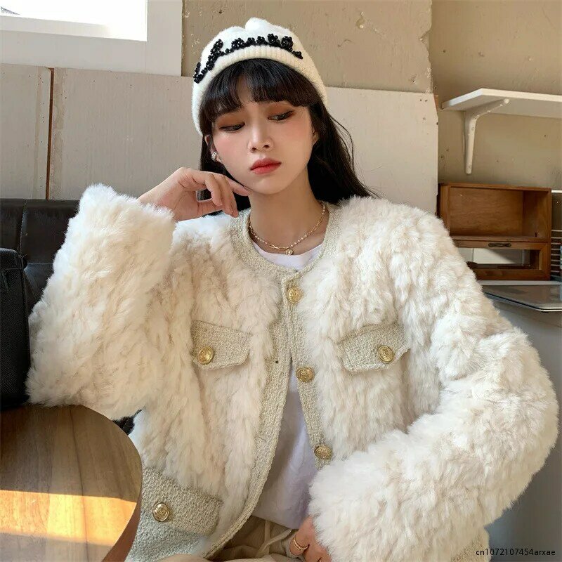 Korean Fashion Lamb Wool Coats Women Streetwear O-Neck Faux Fur Jackets Woman 2023 Autumn Winter Thick Warm Plush Coat