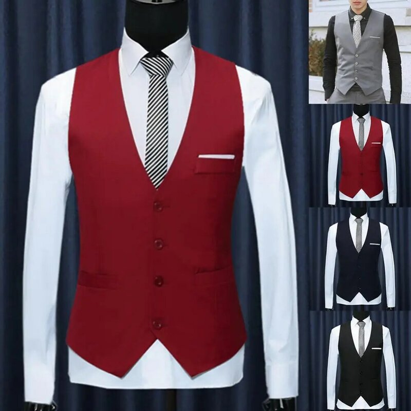 Fashion Office Men Solid Color V Neck Sleeveless Blazer Button Male Formal Business Waistcoat Slim Single Breasted Suit Vests