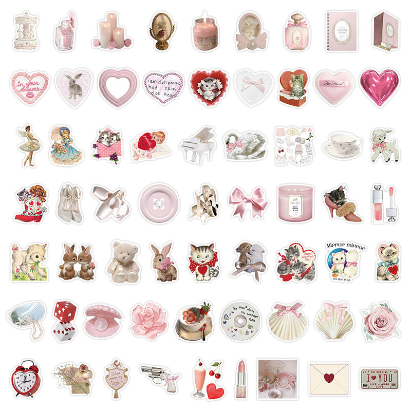 귀여운 만화 핑크 코케트 스티커, 고양이 동물 데칼 장식, 노트북 휴대폰 여행 가방, 냉장고 기타 스티커 장난감, 10 개, 30 개, 60 개