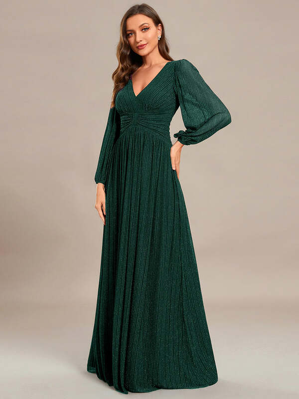 Vestido de noche verde oscuro para dama de honor, elegante vestido de noche con cuello en V profundo, mangas largas, pliegues adelgazantes, 2024