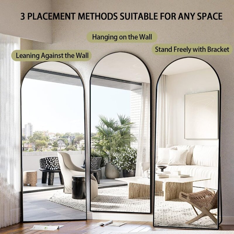 71 "x28" arched full-length mirror, wall mounted or tilted floor standing mirror, aluminum alloy frame full body mirror, black