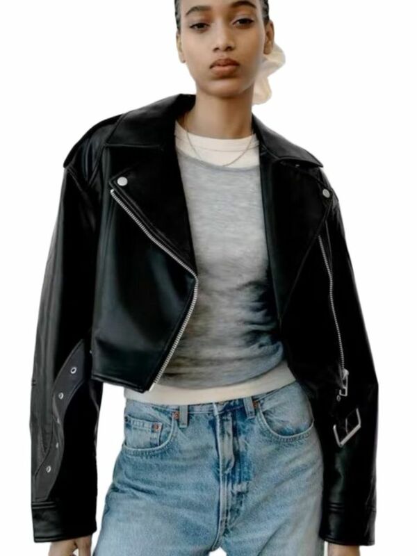 Jaket pendek kulit imitasi wanita, atasan mantel Luaran Retro ritsleting Vintage longgar dengan sabuk Streetwear 2024