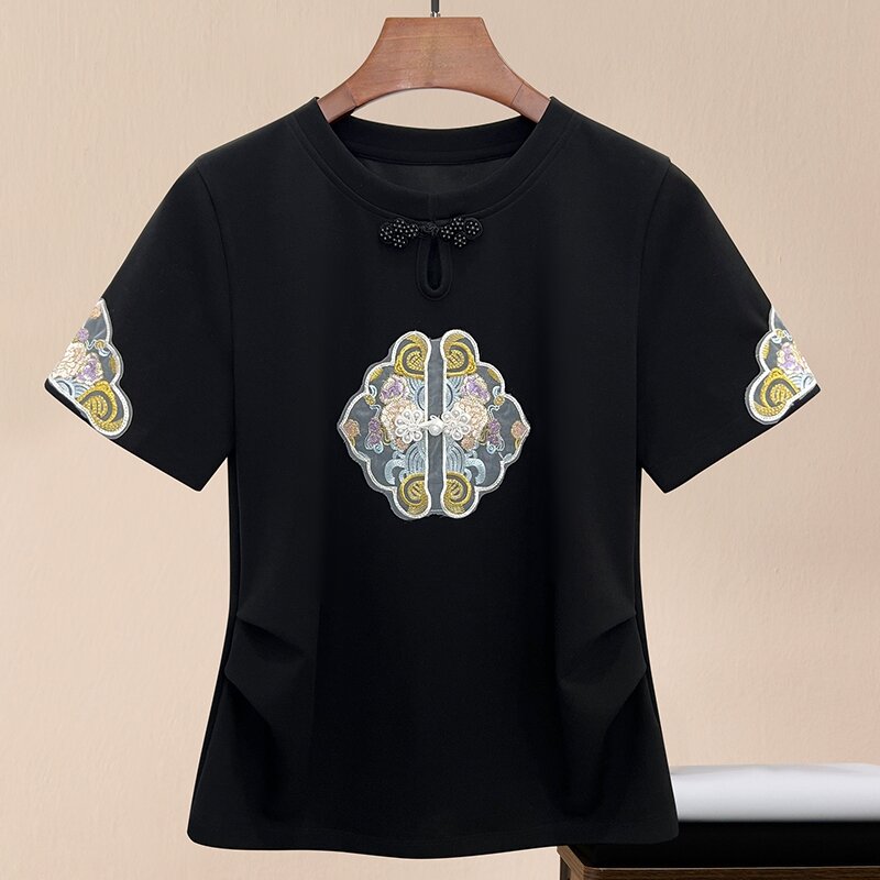 Chinese Stijl T-Shirt Met Korte Mouwen Voor Dames Zomer Nieuwe Retro Gesp Met Studs Geborduurde Top Dameskleding Oversized T-Shirt