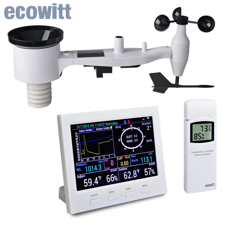 Метеостанция Ecowitt HP3500 Wi-Fi, с датчиком погоды на солнечных батареях 7 в 1, термогигрометром и цветным TFT дисплеем 4,3 дюйма