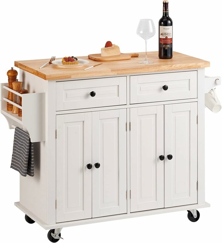 VEVOR Kitchen Island Cart with Solid Wood Top, 35.4" Width Mobile Carts with Storage Cabinet, Rolling Kitchen Table with Spice