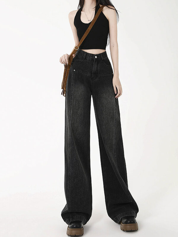Pantalones vaqueros de cintura alta para mujer, ropa de calle Vintage, holgada, recta, de pierna ancha, estilo americano, a la moda