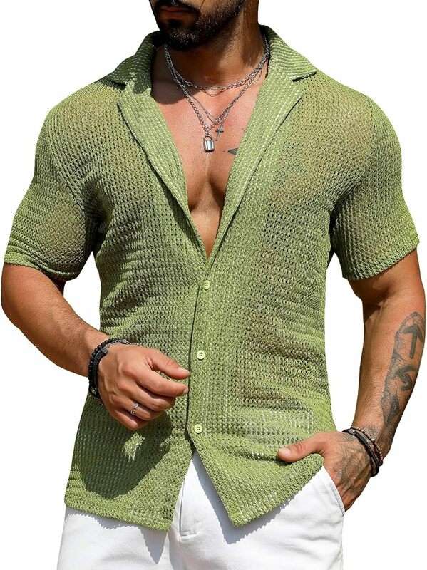 Streetwear Fashion Knitwear Mens Shirt Sexy See Through Knit Tops Men Summer Casual Button Lapel Short Sleeve Hollow Out Shirt