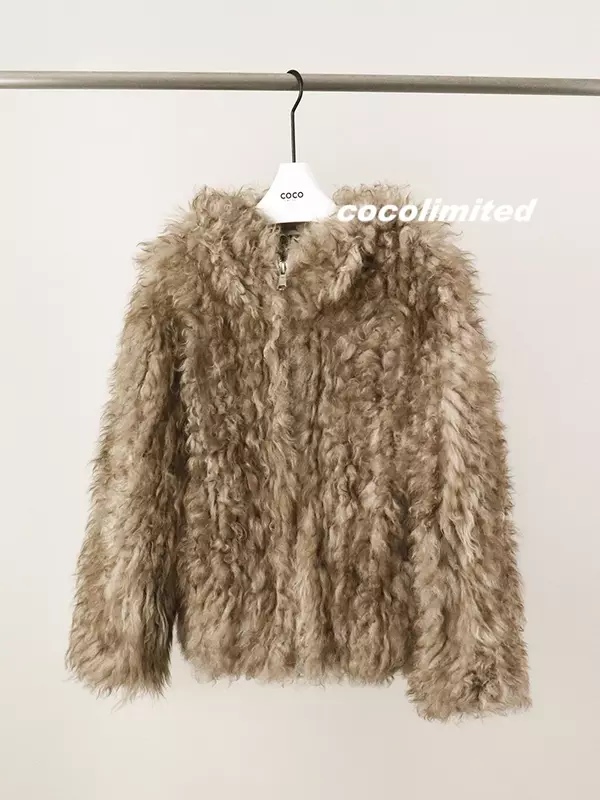 Manteau de fourrure à capuche en laine tissée pour femmes