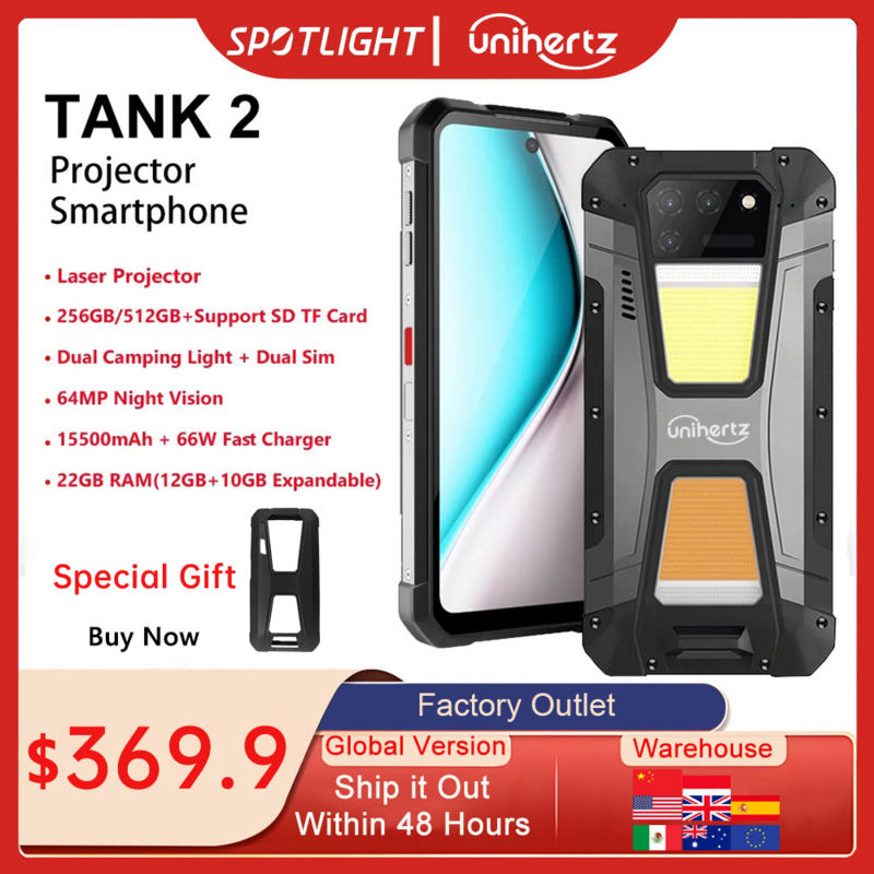 Unihertz 8849 TANK 2 Projector Rugged Smartphone 22GB 256GB Camping Light Cellphones 108MP G99 64MP Night Vision Mobile Phones