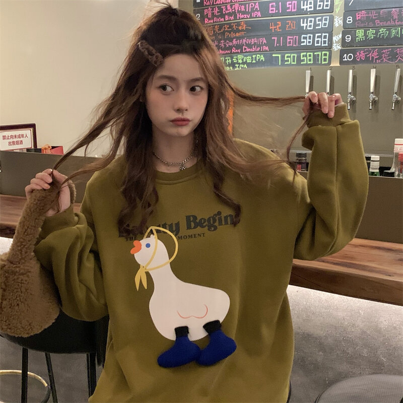 Harajuku Cute Goose Print Sweatshirt For Women Spring Autumn Fleece Long Sleeve Loose Sweatshirt Lady Streetwear Sweat Shirt